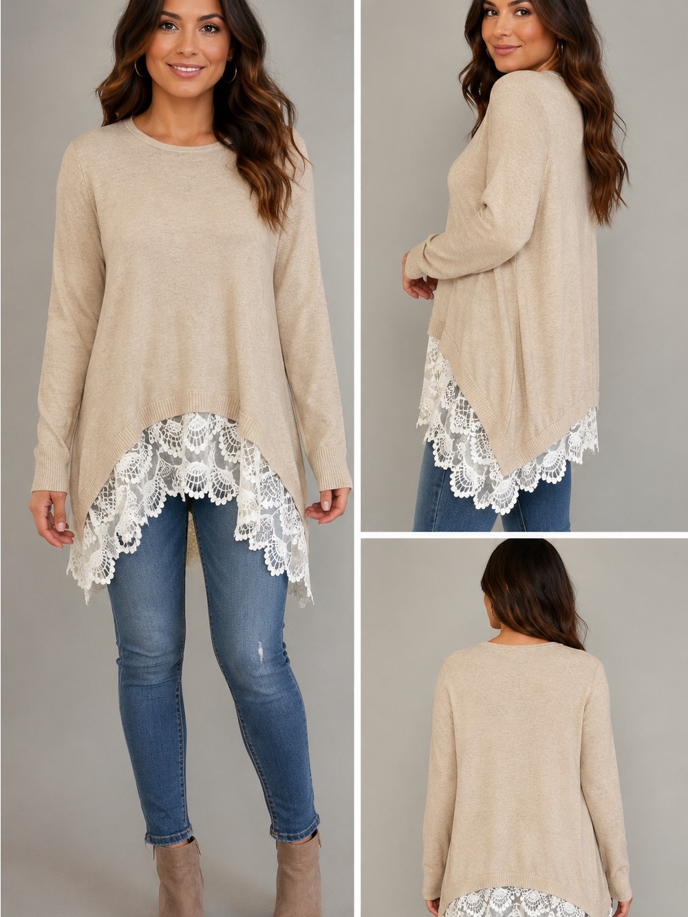 Beige Lace-Hem Knit Top